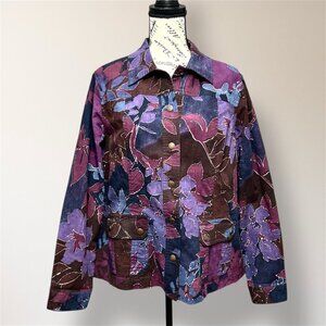 Vintage Coldwater Creek Floral Front Pockets Jacket Purple Blue Boho Artsy 16